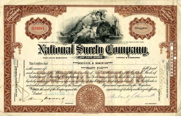 National Surety Co. of New York - Stock Certificate