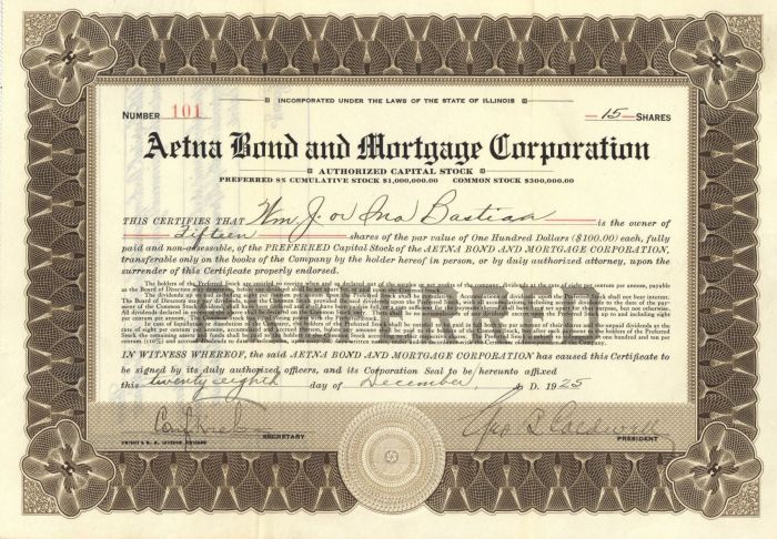 Aetna Bond and Mortgage Corporation - Stock Certificate