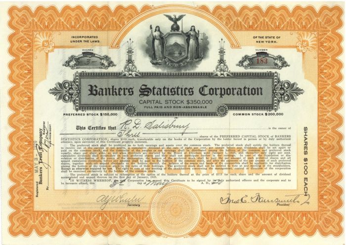 Bankers Statistics Corporation - Stock Certificate
