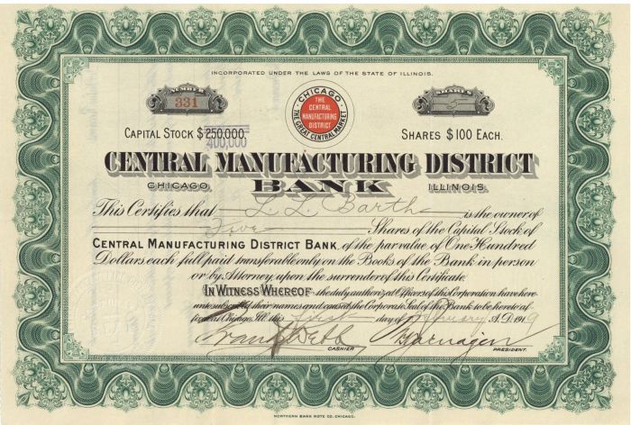 Central Manufacturing District Bank - Stock Certificate