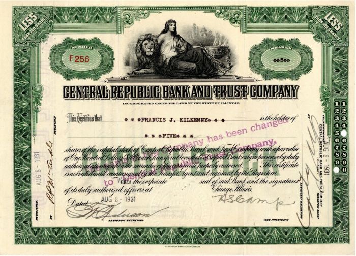 Central Republic Bank and Trust Co. - Stock Certificate