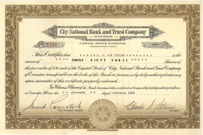 City National Bank and Trust Co. of Evanston - Stock Certificate