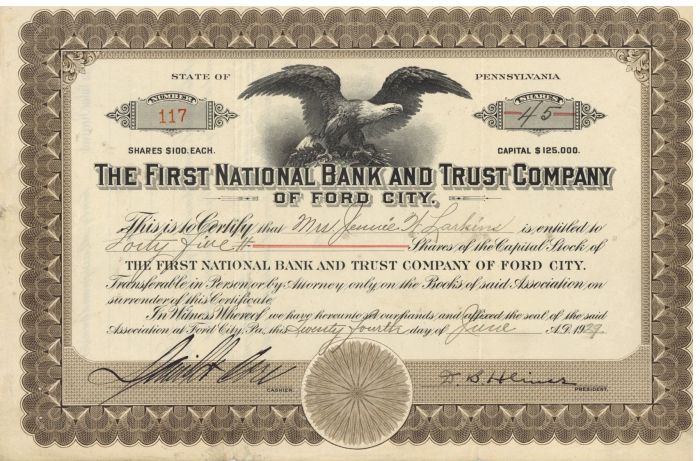 First National Bank and Trust Co. of Ford City - Stock Certificate