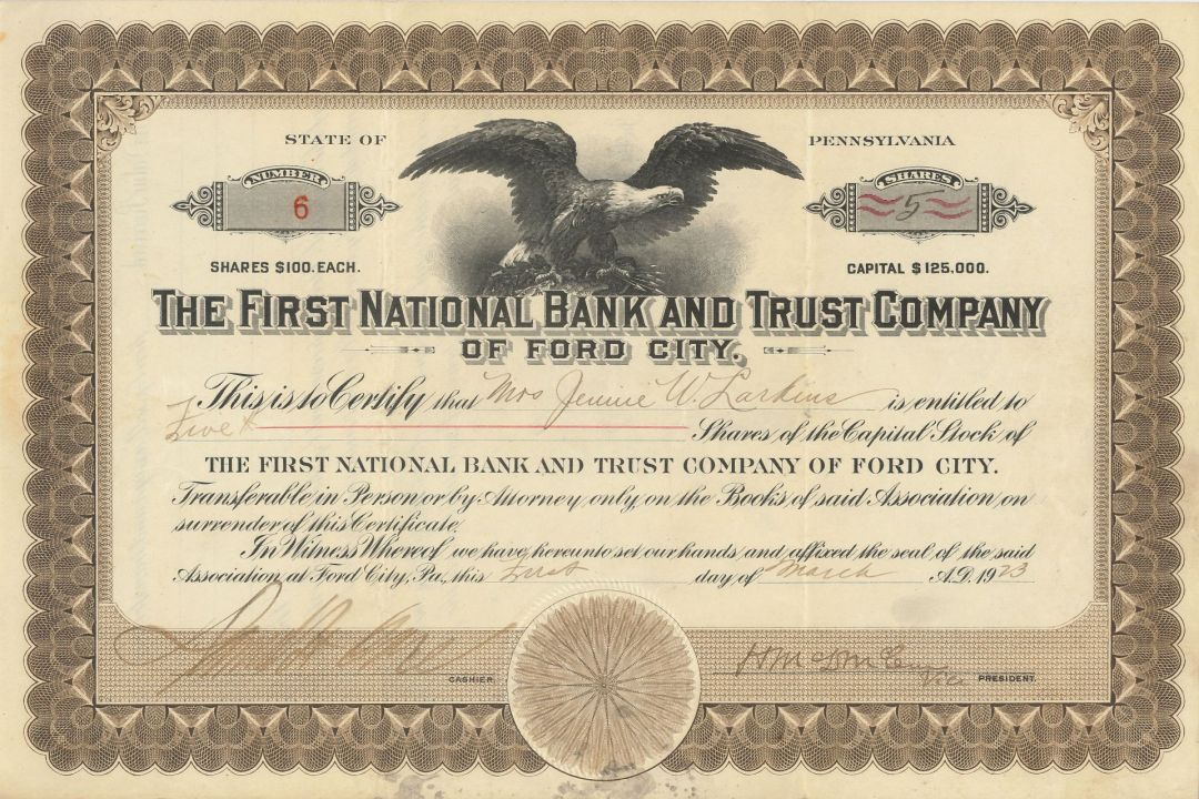 First National Bank and Trust Co. of Ford City - Stock Certificate