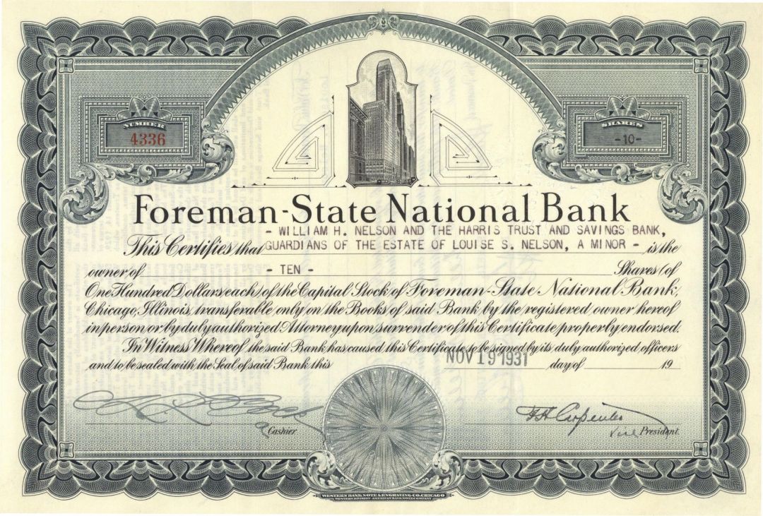 Foreman-State National Bank - Stock Certificate