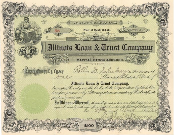 Illinois Loan and Trust Co.- Stock Certificate
