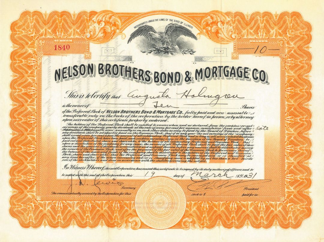 Nelson Brothers Bond & Mortgage Co. - 1931 dated Stock Certificate