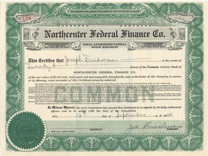 Northcenter Federal Finance Co.- Stock Certificate