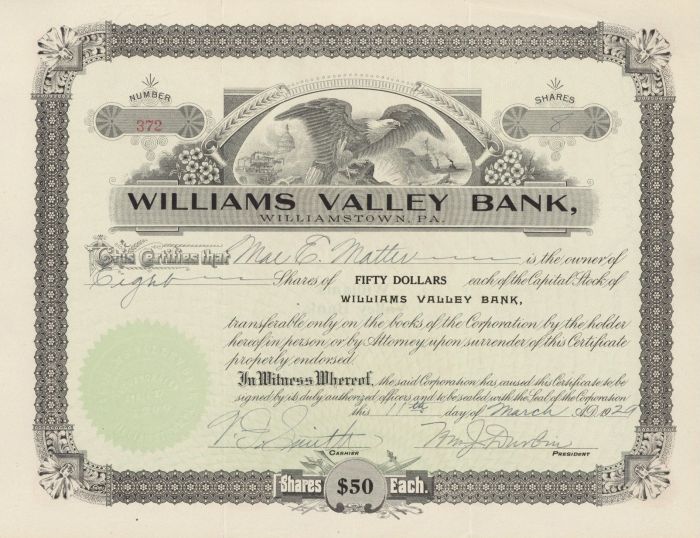 Williams Valley Bank, Williamstown, PA. - Stock Certificate