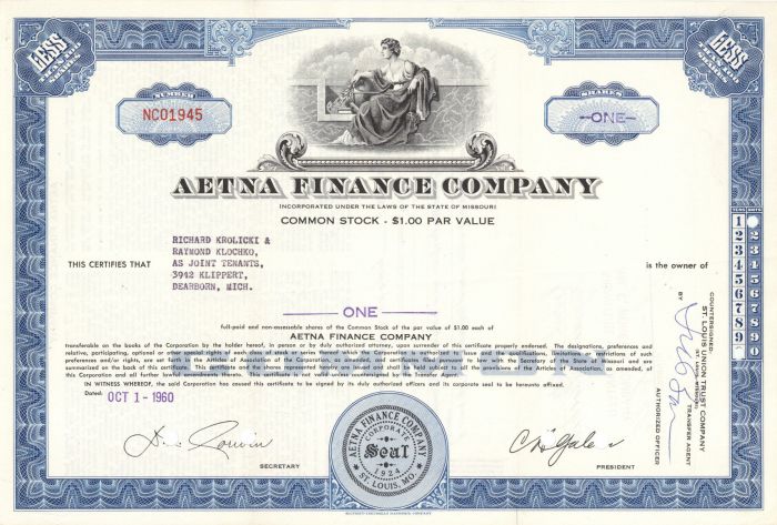 Aetna Finance Co. - Stock Certificate