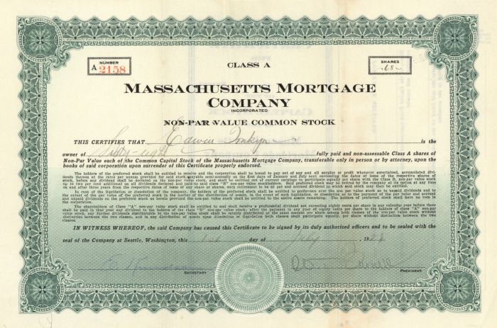 Massachusetts Mortgage Co. - Stock Certificate