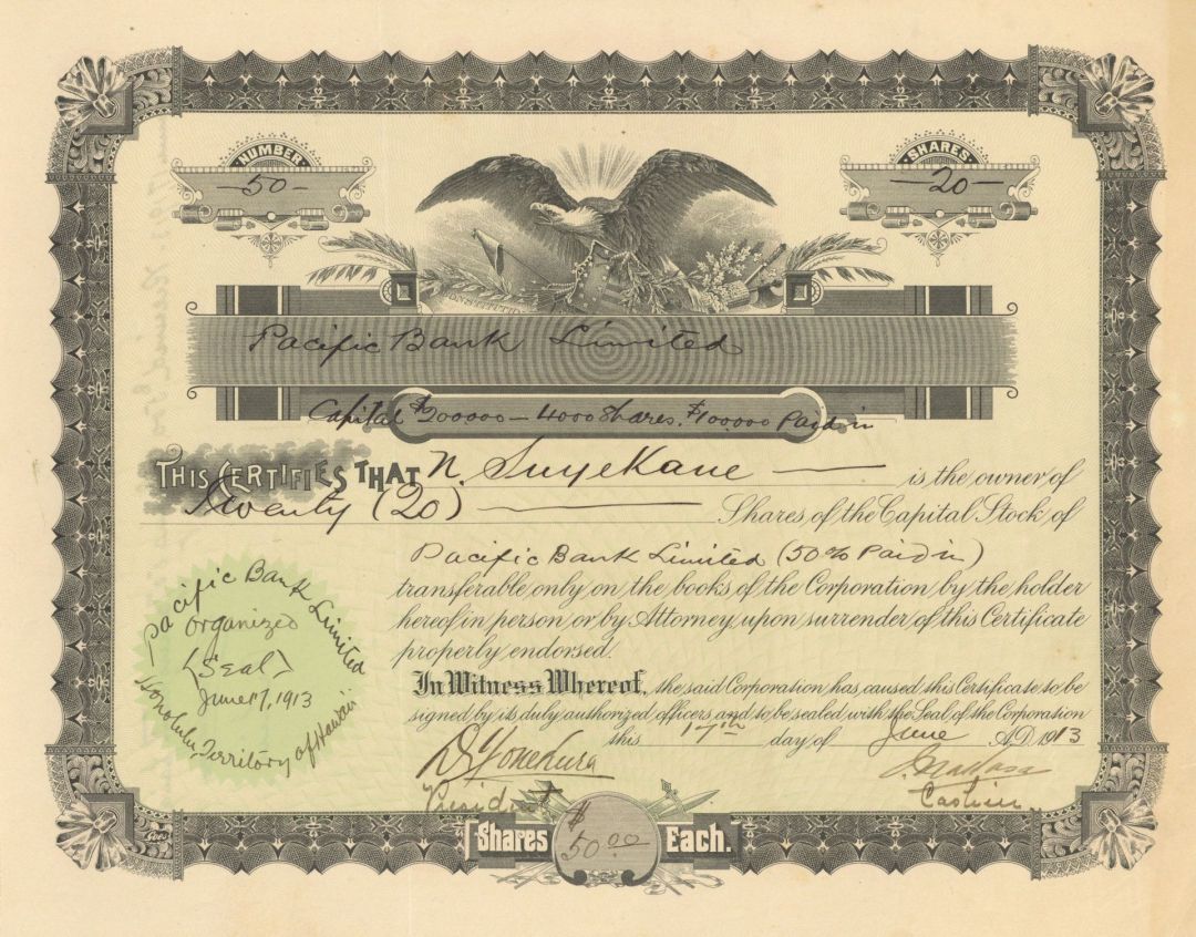 Pacific Bank Limited - Hawaiian Banking Stock Certificate