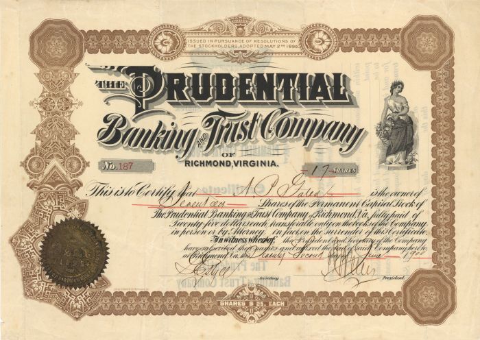 Prudential Banking and Trust Co. - Stock Certificate