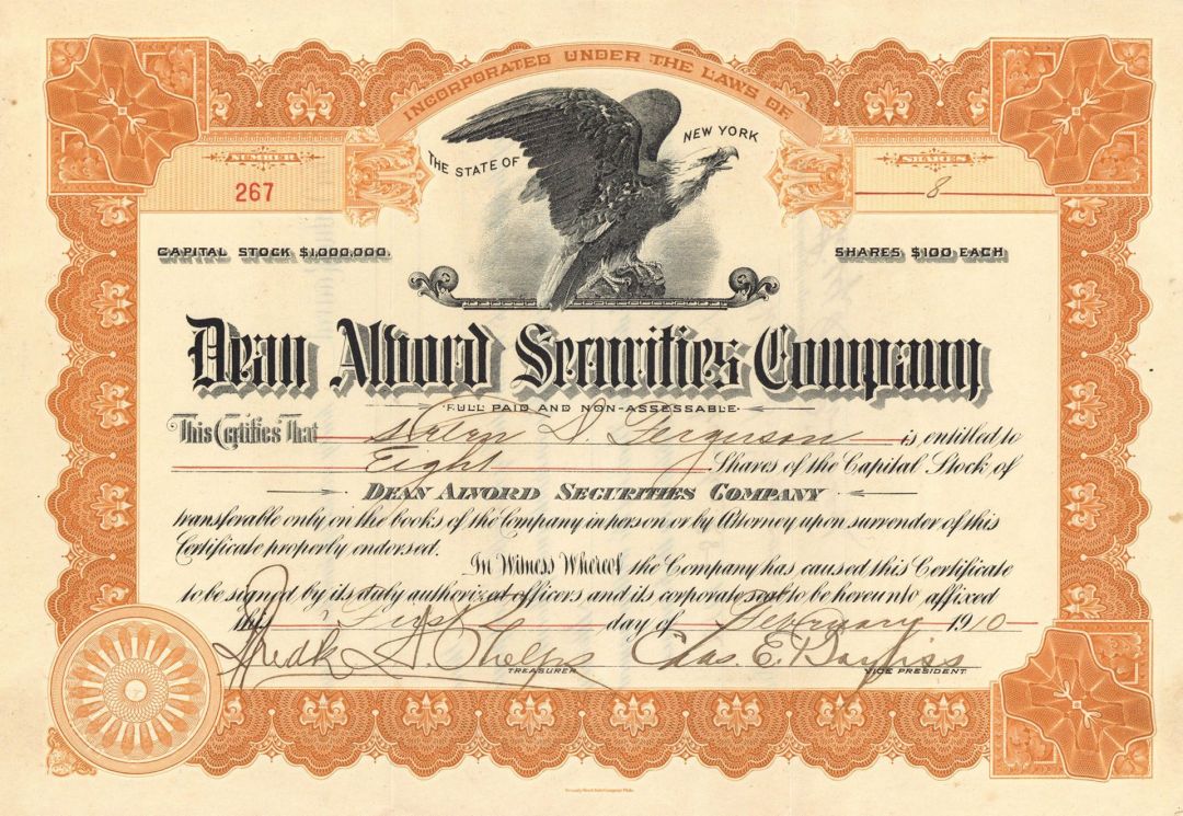 Dean Alvord Securities Co. - Stock Certificate