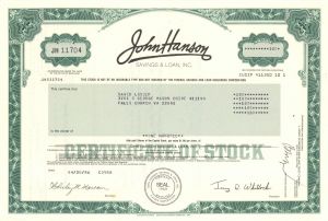 John Hanson Savings and Loan Inc. - Stock Certificate