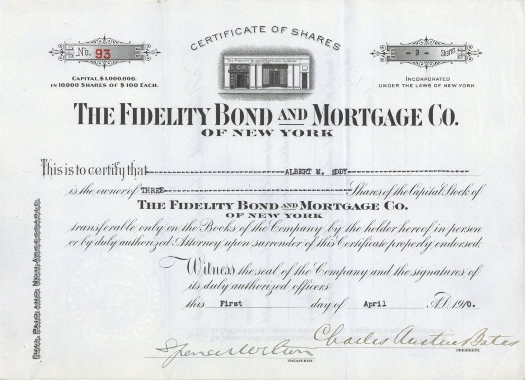 Fidelity Bond and Mortgage Co. of New York - 1910 dated Banking Stock Certificate