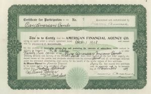 American Financial Agency Co. - 1909 dated Banking Stock Certificate