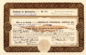 American Financial Agency Co. - 1909 dated Banking Stock Certificate