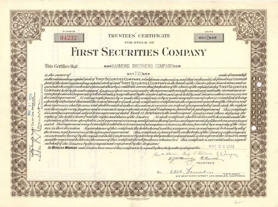 First Securities Co. - 1929 or 1938 dated Stock Certificate