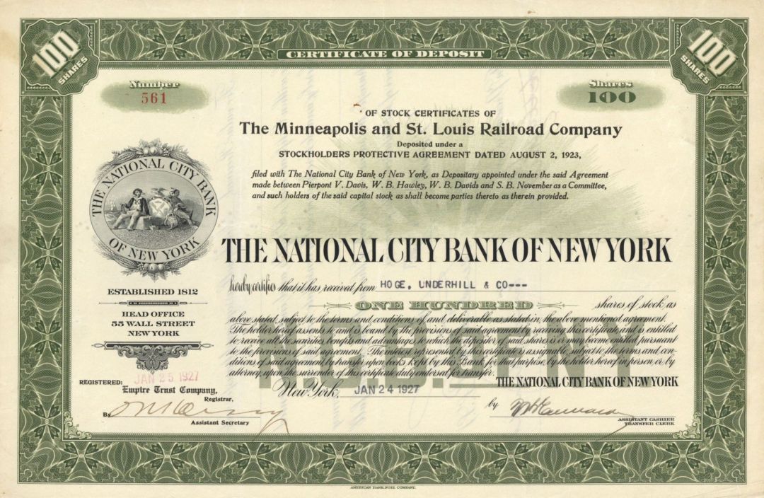 National City Bank of New York - 1927 dated Stock Certificate