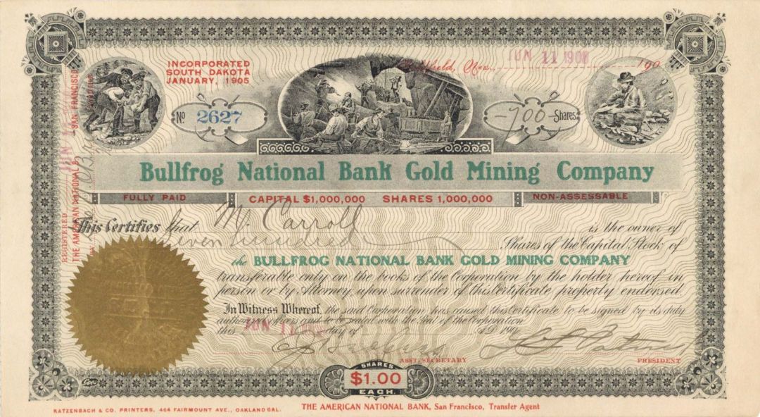 Bullfrog National Bank Gold Mining Co. -  1908 dated Stock Certificate
