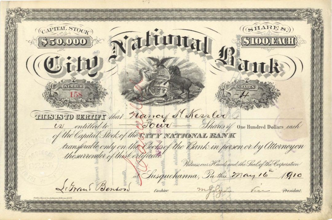City National Bank - 1910 dated Stock Certificate
