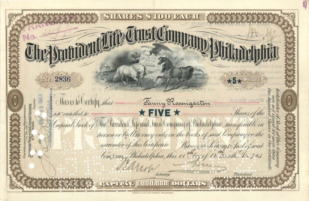 Provident Life and Trust Company of Philadelphia - 1913 dated Stock Certificate