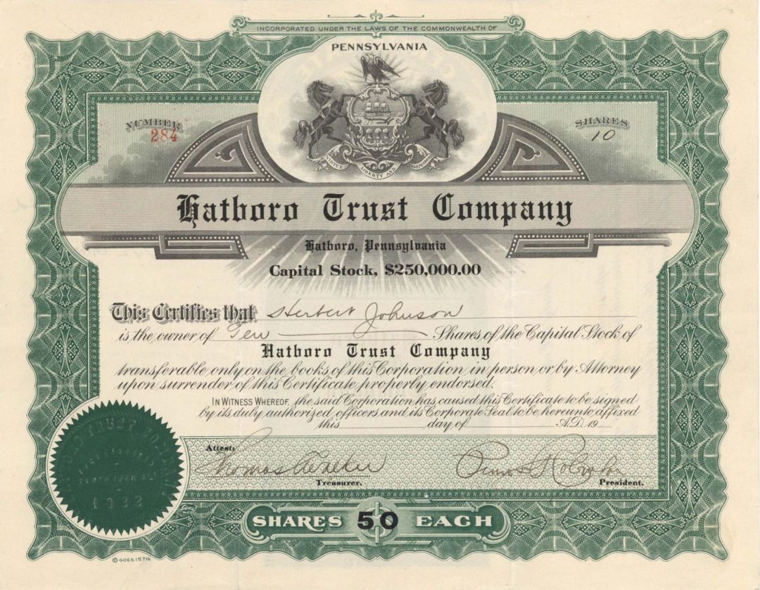 Hatboro Trust Co. - 1926 dated Stock Certificate