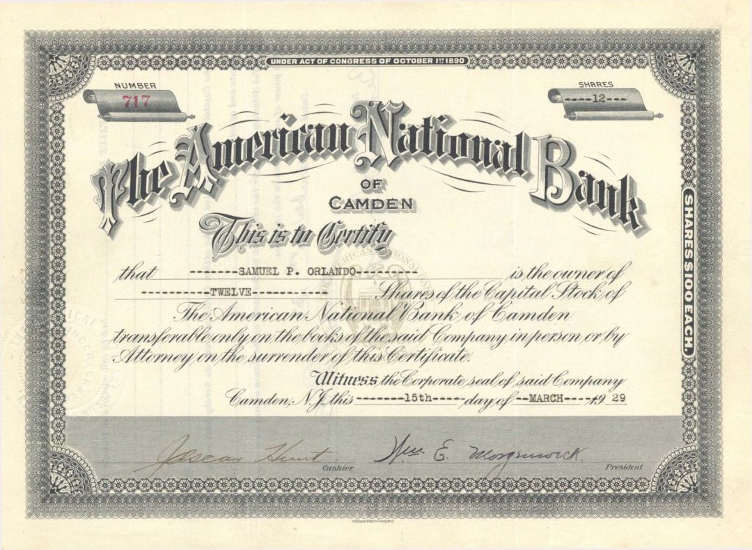 American National Bank of Camden - 1929 dated Stock Certificate