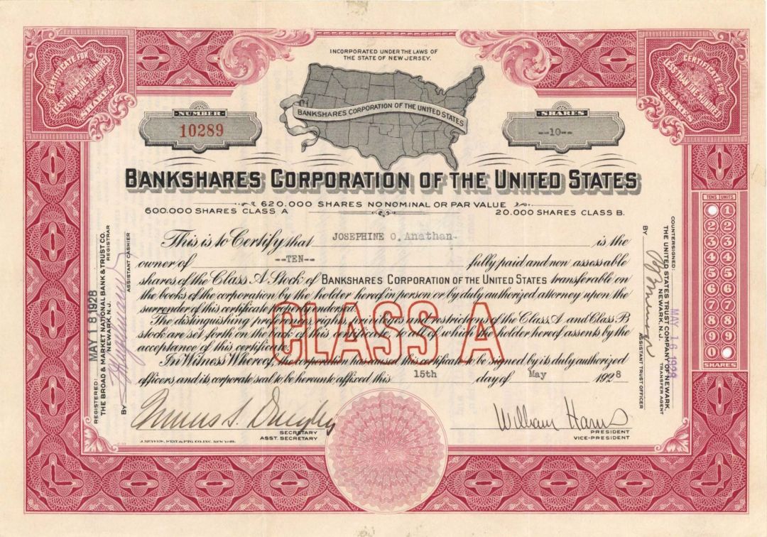 Bankshares Corporation of the United States - 1928 dated Stock Certificate
