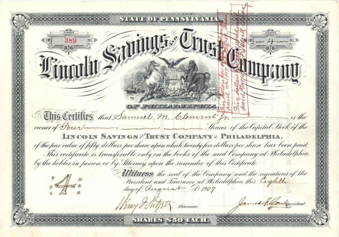 Lincoln Savings and Trust Co. of Philadelphia - 1907 dated Stock Certificate
