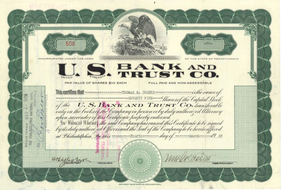 U.S. Bank and Trust Co. - 1929 dated Stock Certificate