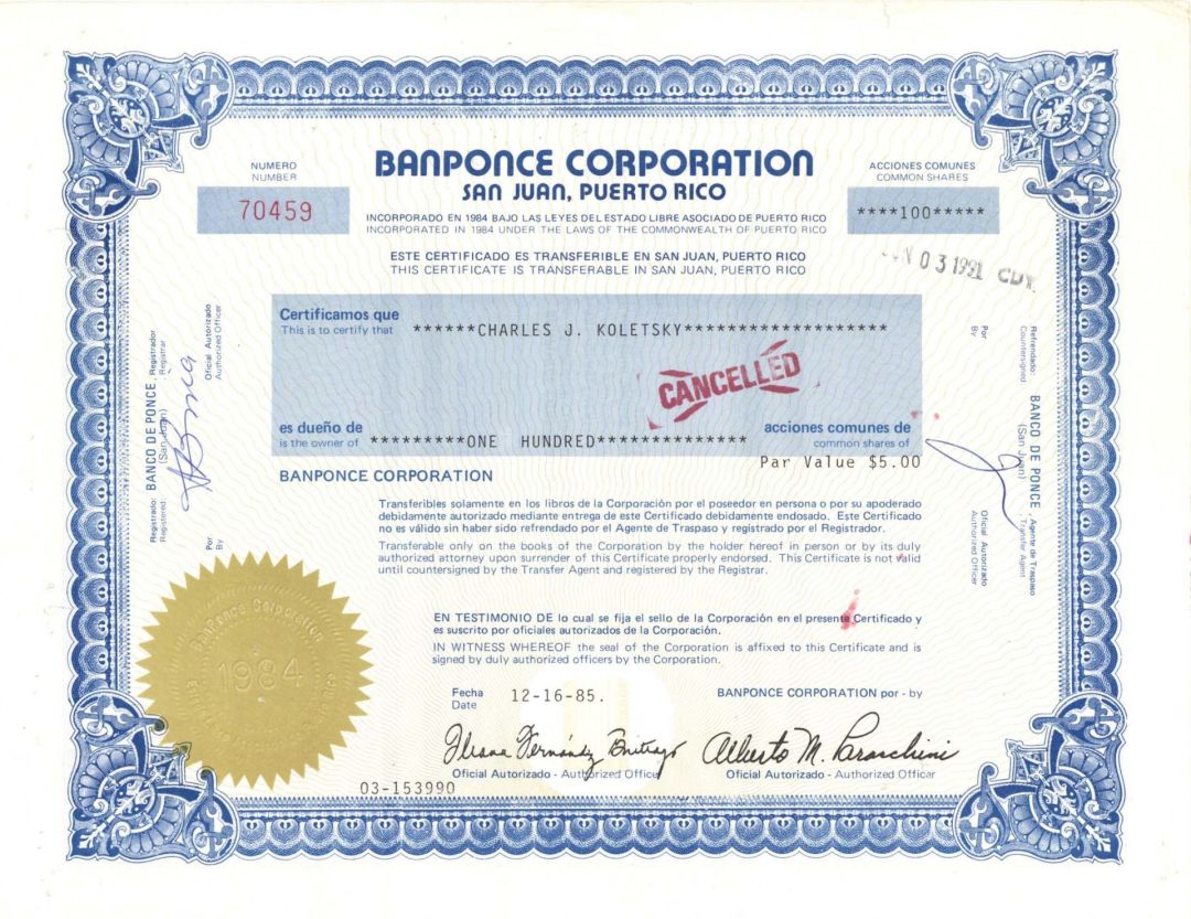 Banponce Corp. - 1985 dated Stock Certificate