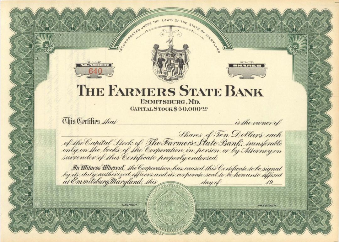 Farmers State Bank - Unissued Stock Certificate