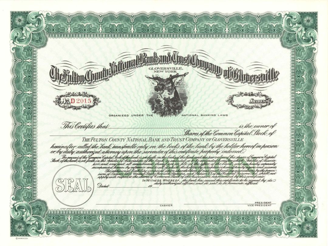 Fulton County National Bank and Trust Company of Gloversville - Unissued Stock Certificate