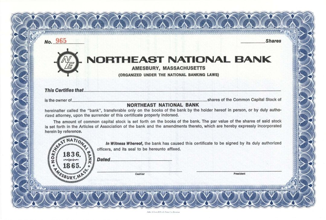 Northeast National Bank - Unissued Stock Certificate