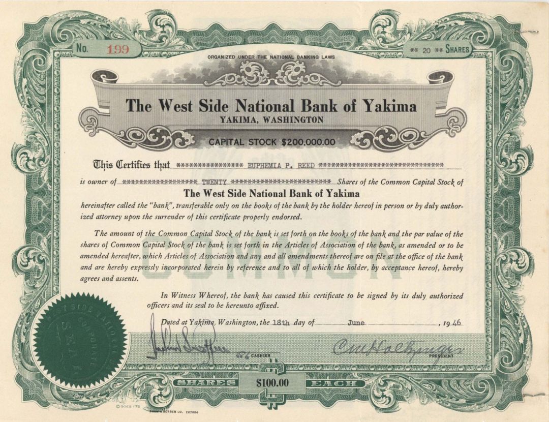 West Side National Bank of Yakima - 1946 dated Stock Certificate