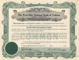 West Side National Bank of Yakima - 1946 dated Stock Certificate