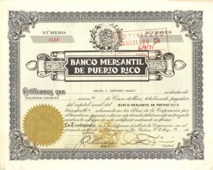 Banco Mercantil De Puerto Rico - 1971 dated Stock Certificate
