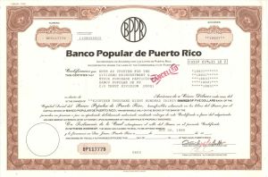 Banco Popular de Puerto Rico - 1989 dated Stock Certificate