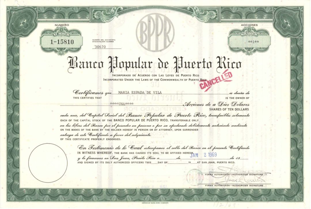 Banco Popular de Puerto Rico - 1969 dated Stock Certificate