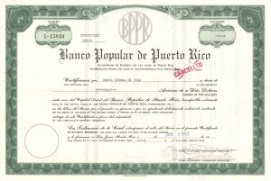 Banco Popular de Puerto Rico - 1969 dated Stock Certificate