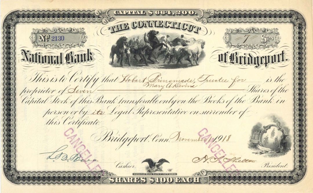 Connecticut National Bank of Bridgeport - 1918 dated Stock Certificate