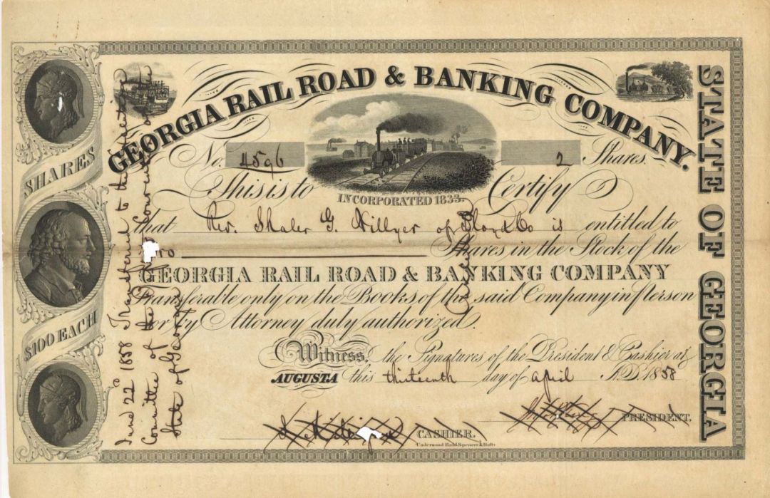 Georgia Rail Road and Banking Co. - 1858 dated Stock Certificate