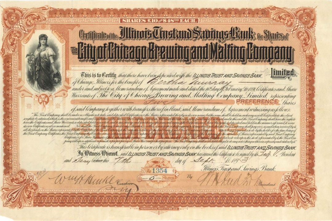 City of Chicago Brewing and Malting Company, Limited - 1893 dated Stock Certificate