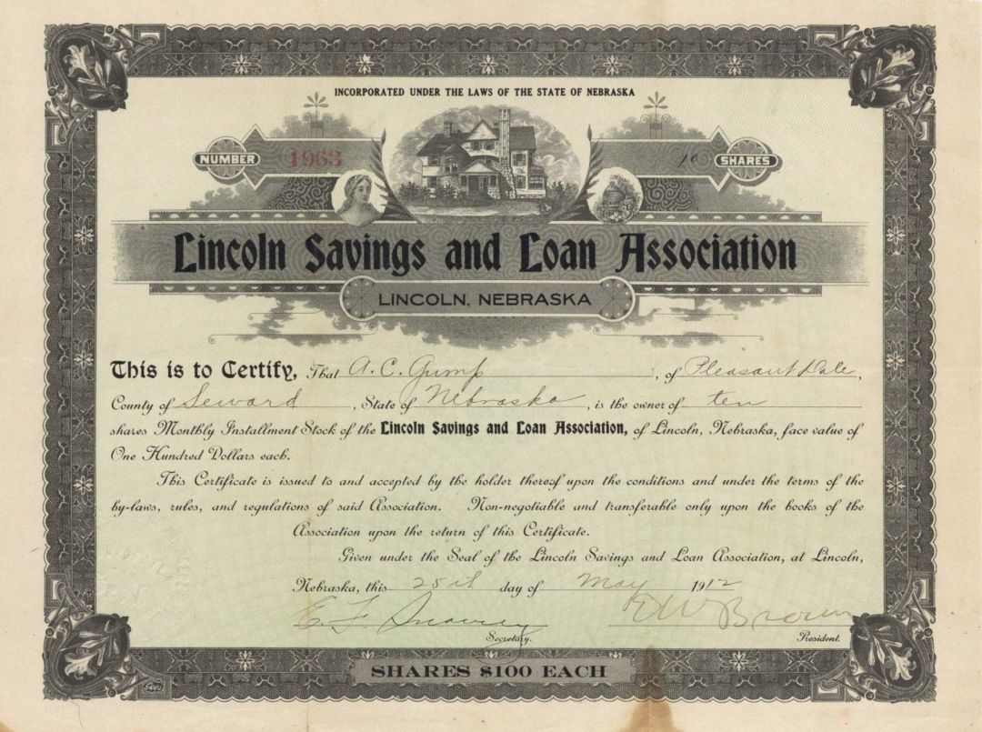 Lincoln Savings and Loan Association - 1912 dated Stock Certificates