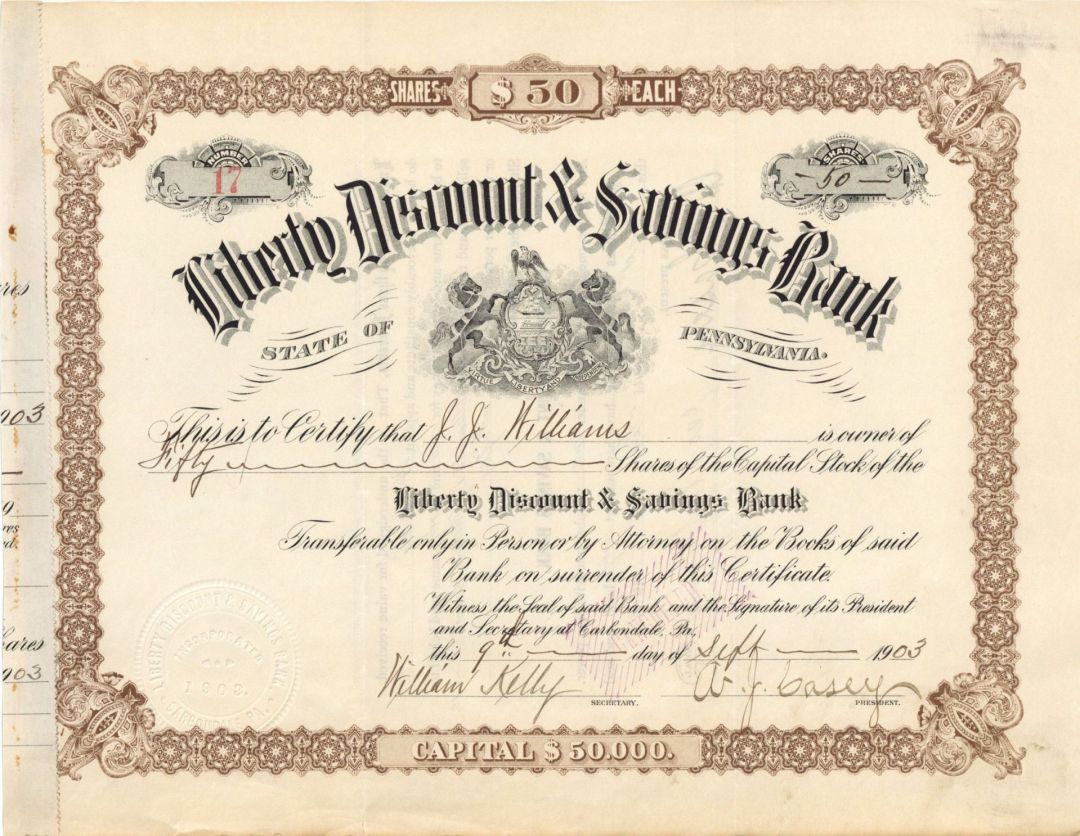Liberty Discount and Savings Bank -  1903 dated Stock Certificate