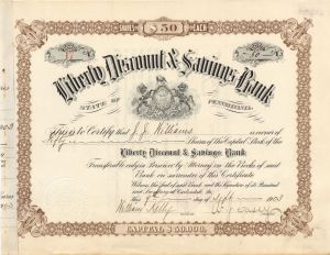 Liberty Discount and Savings Bank -  1903 dated Stock Certificate