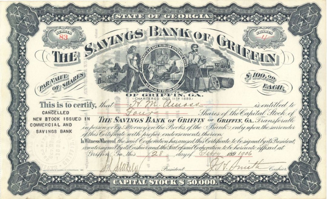 Savings Bank of Griffin -  1906 dated Stock Certificate