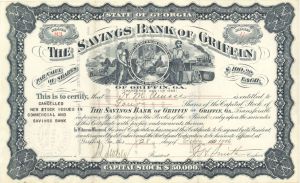 Savings Bank of Griffin -  1906 dated Stock Certificate